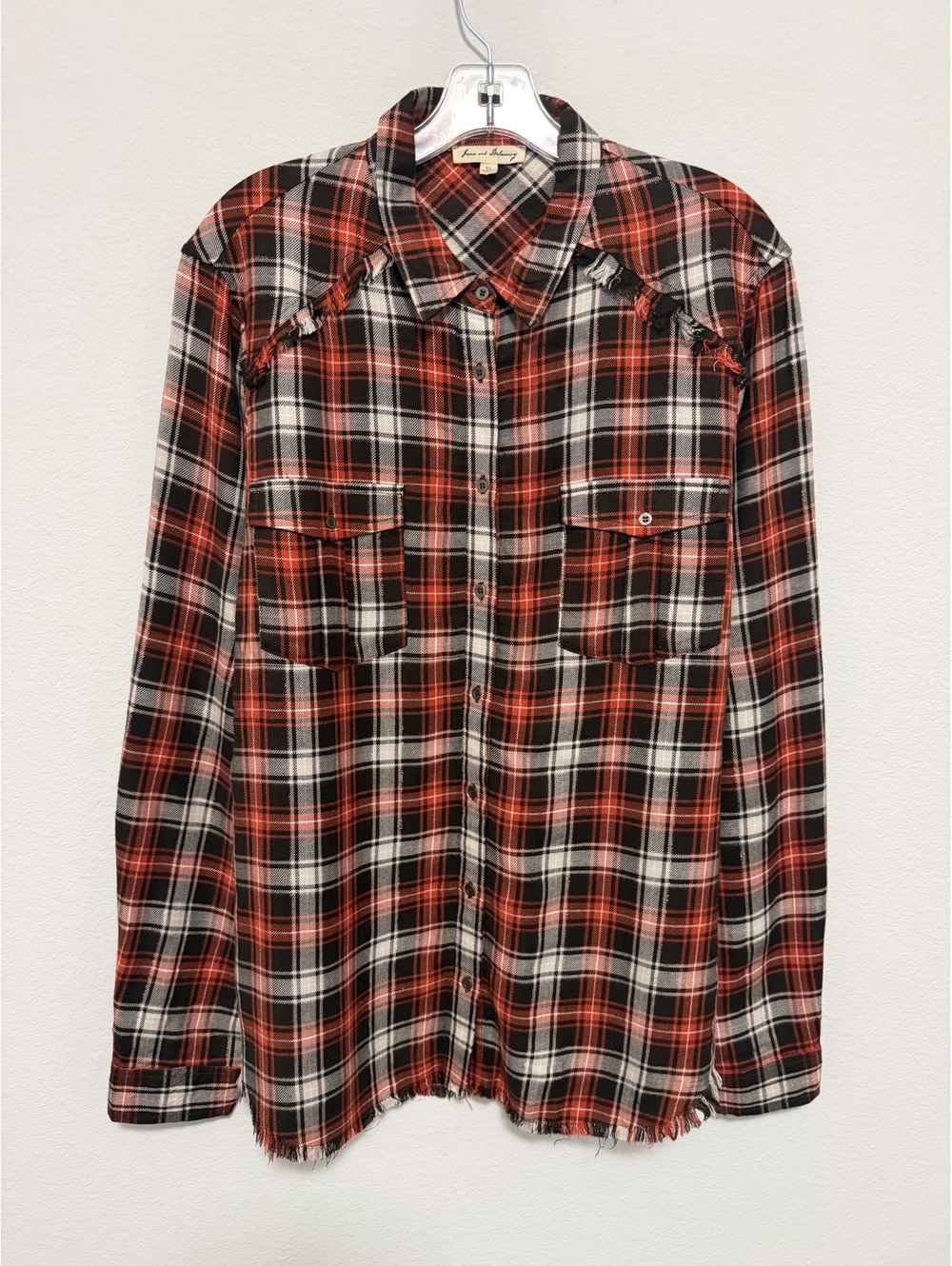 Jane and Delancey Long Sleeve Button Front Collared Plaid Raw Hew Shirt Size XL